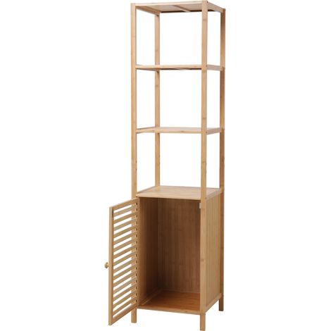 SVITA Badregal L mit Tür hoher Badezimmerschrank Regale freistehend Natur Bambus