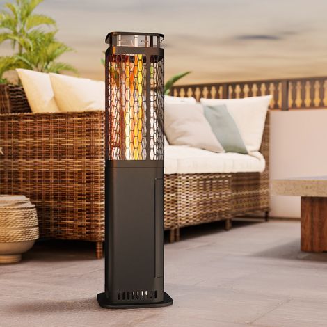 Poêle à granulés extérieur 6.86kW, socle antidérapant, tube en verre, grille métallique, noir, pour terrasse et jardin, chauffe efficace. (1/5)