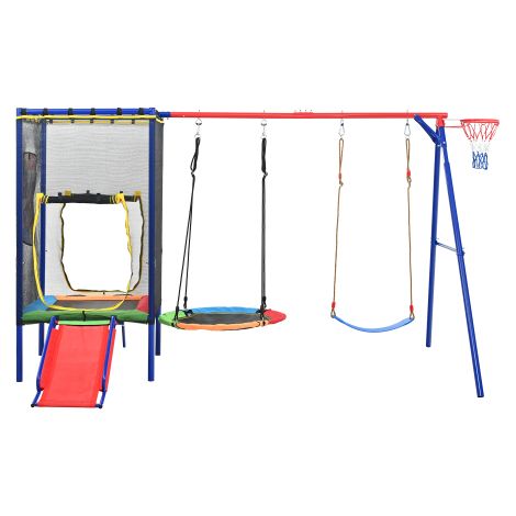 Aire de jeu multifonction avec trampoline, toboggan et double balançoire (1/5)