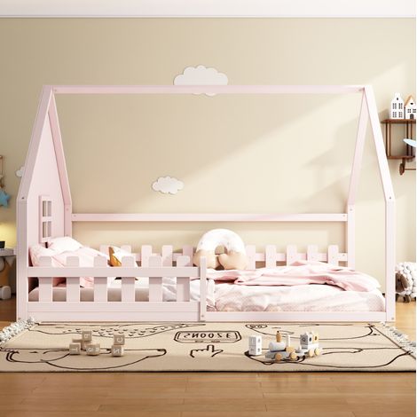 Letto per bambini in legno di pino e MDF rosa 140x200 cm con struttura a casetta e sponde (1/5)