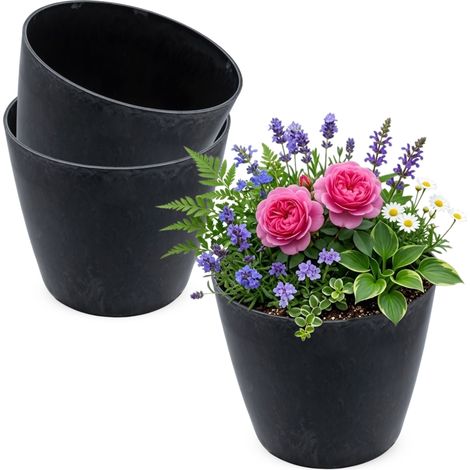 Kunststoff Pflanztopf massiv in Stein Optik 3er Set - 16 x 14 cm - Premium Blumentopf marmoriert für Außen und Innen