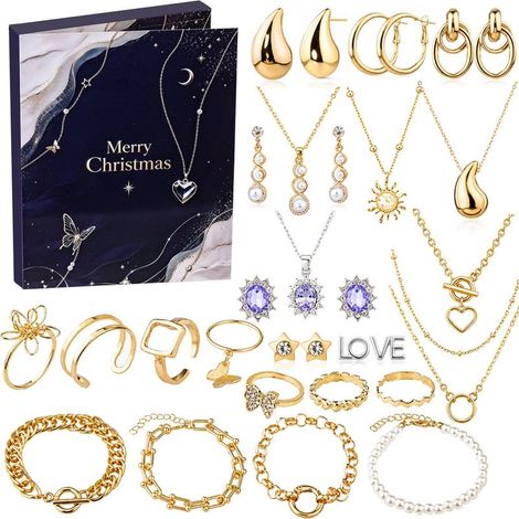Calendrier de l’Avent Noël 2026 avec bijoux, 24 surprises à découvrir, coffret de Noël avec boucles d’oreilles, collier et bracelet, modèle à rabat