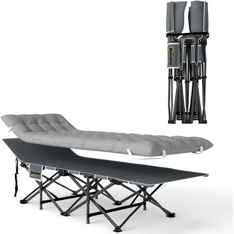 Lit de camp pliant avec matelas, oreiller et poche latérale, 185 x 68 x 37 cm, jusqu'à 150 kg, gris clair (1/5)