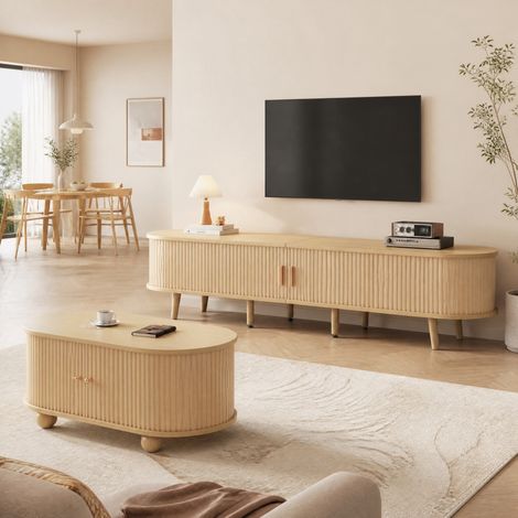 Meuble TV 170x40x42 cm en MDF bois clair, avec rangement, pour salon FloraGrace (1/5)
