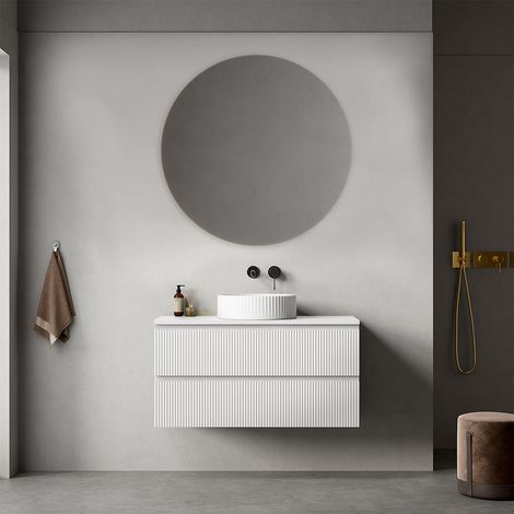 Mobile bagno sospeso cannettato 100 cm Bianco Opaco per Lavabo d'appoggio Specchio Tondo - Fiji Paint Top Canneté (1/4)