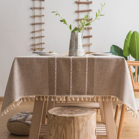 Nappe épaisse en lin et coton (140 x 180 cm, marron clair) avec franges, idéale pour la vaisselle. (1/5)