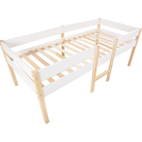 Letto per bambini semialto con cassetto e barriera, pino e MDF, 90 x 200 cm, bianco e rovere (1/5)