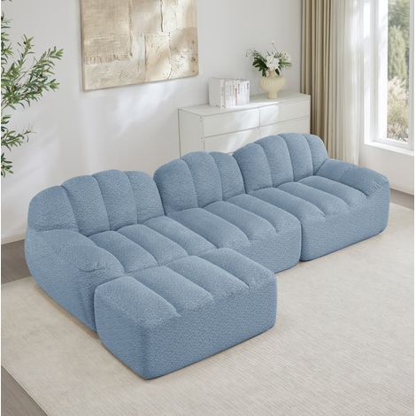 Divano modulare angolare 288/165/79 cm blu in fleece granulato, 3 posti con ottomano, senza montaggio (1/5)