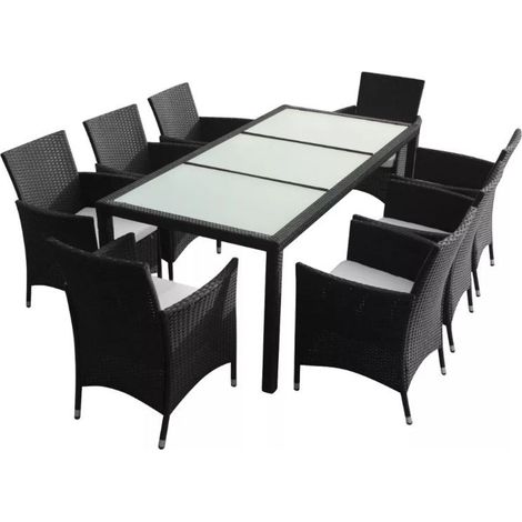 Table rectangulaire et 8 chaises de jardin résine tressée noir Mik (1/5)