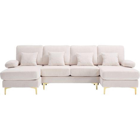 Canapé D'angle En U 265x135 Cm En Velours Beige, Éclairage LED D'ambiance Et Port USB (1/5)