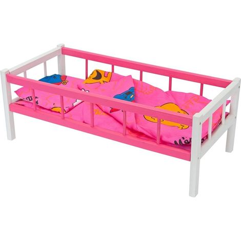 Lettino rosa per bambole con biancheria da letto