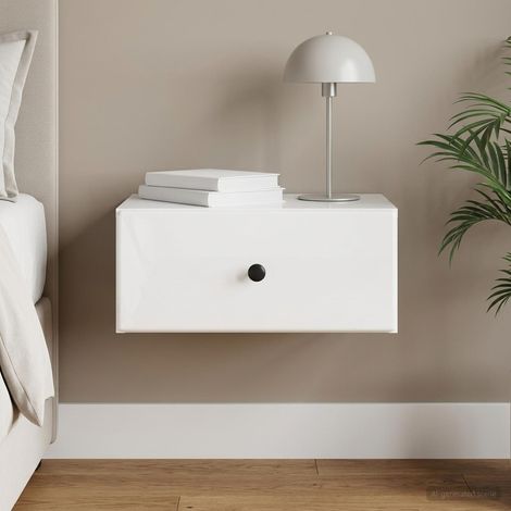 Table de chevet murale en bois d’ingénierie blanc brillant avec tiroir, 49 x 34,5 x 20 cm - PANGIVO (1/5)