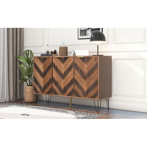 Modernluxe – Buffet vintage 3 portes 6 compartiments – Bois naturel avec poignées dorées – Pieds en fer robustes – Assemblage rapide (1/7)
