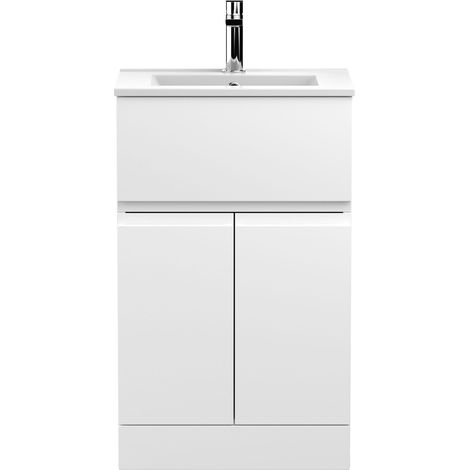 Mavesyn Contemporary 2 Door 1 Drawer Floor Standing Vanity Unit with Minimalist Basin, Satin White, 500mm