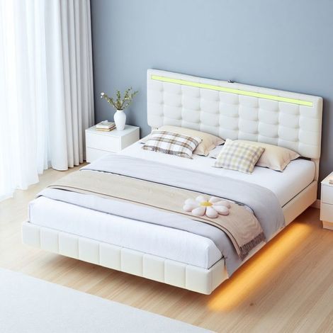 Cama flotante LED - 160x200 - Cabecera ajustable - LED RGB 16 colores - 2 puertos USB (1/5)