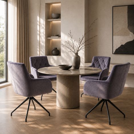 Set de 4 chaises de salle à manger à motif losange, velours, accoudoirs, pieds en métal, gris anthracite (1/5)