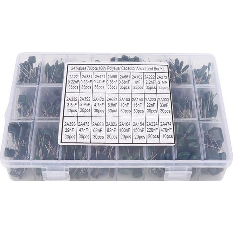 Kit de 700 condensateurs à film polyester vert (24 types différents), 0,22 nF à 470 nF, 100 V, avec boîte de rangement. (1/5)