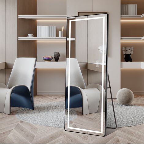 Miroir LED sur pied 163x54 cm en verre et aluminium noir, dimmable pour chambre – MEUBLIV (1/5)