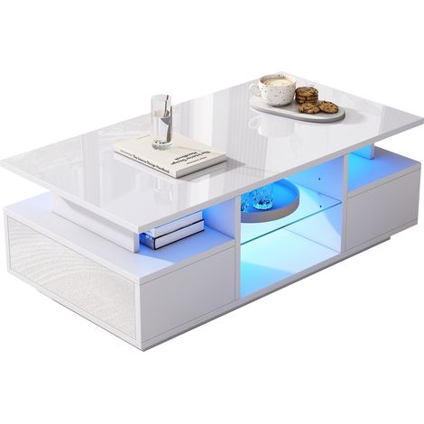 ELVMI Couchtisch mit 2 Schubladen, Offenen Glasablagen und LED, Weißer Hochglanzoberfläche, 100 x 50 x 36 cm (1/5)