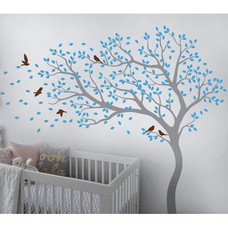 Grand arbre sticker mural arbre mur vinyle autocollant soufflant dans le vent arbre sticker mural pour pépinière 098 (Gris, Bleu glacier, Brun) (1/2)