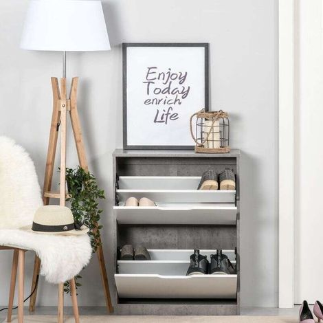 Meuble à chaussures meuble d'entrée placard de rangement, 2 portes abattantes, 62,5 x 26 x 81 cm, gris et blanc (1/5)