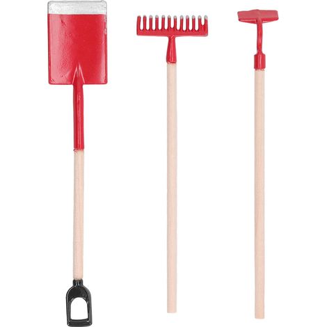 Miniature de Jardin 1:12 Outils à Main Alliage Pelle Râteau Modèle Décoration Maison de Poupée Rouge (1/5)