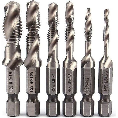 Jeu de 6 forets HSS à queue hexagonale de 6,35 mm (1/4"), taraud combiné HSS M3-M10, filetage métrique, pour bois, fer et aluminium, couleur argent. (1/5)