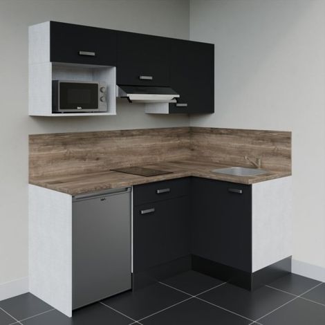 Kitchenette d'angle KA03L-PT électroménager inclus - Façade Noir - Plan Bois - Evier Inox - Crédences Oui + Electroménager inclus coloris Inox (1/4)