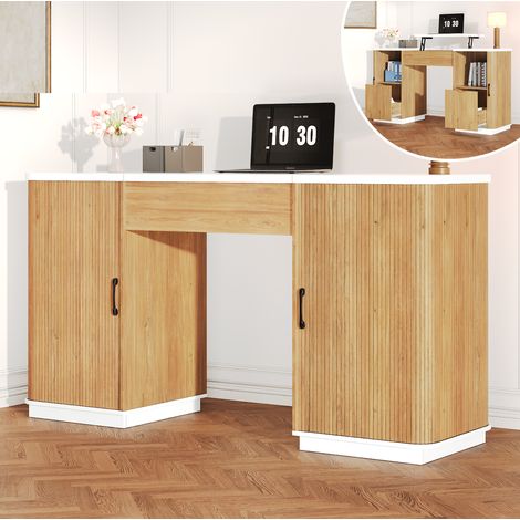 Escritorio regulable en altura 140x50 cm MDF blanco decorado roble con almacenaje - CHICFURN (1/5)