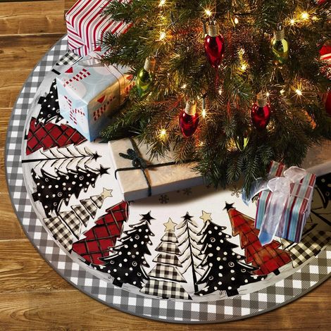 Tapis de sapin de Noël gris à carreaux de 122 cm (48 pouces), tapis festif pour la maison, les fêtes, le week-end, décoration intérieure et extérieure (1/5)