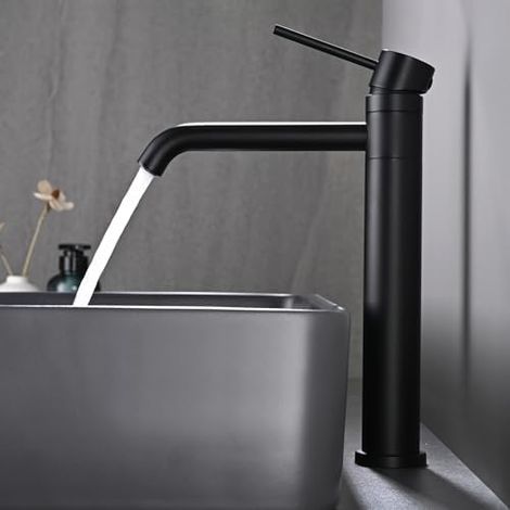 Robinet mitigeur de lavabo pivotant à 360° en acier inoxydable, hauteur de bec 204 mm, réglage eau chaude et froide-Noir (1/5)