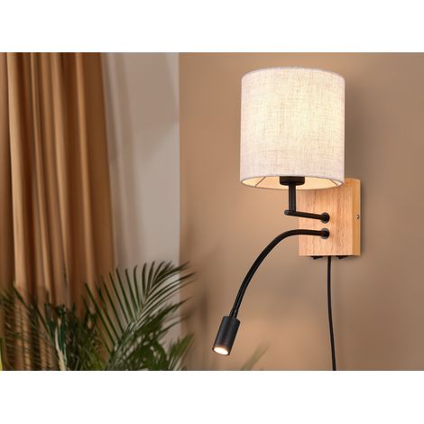 LED Wandleuchte mit Leselampe & rundem Stoffschirm in Beige, Höhe 30cm (1/5)
