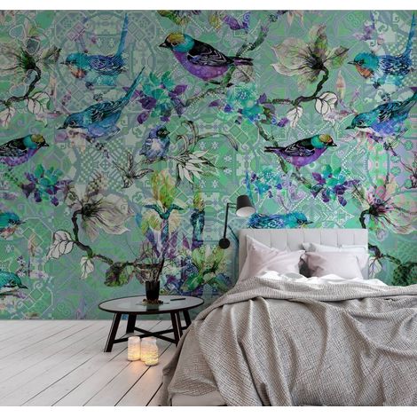 Papier peint panoramique turquoise pour salle de bain | Tapisserie panoramique oiseaux et fleurs | Papier peint panoramique violet, bleu et vert - 270 x 400 cm (4 pièces) (1/5)