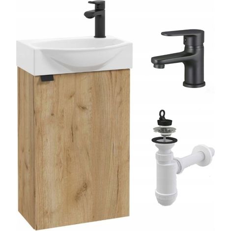Badezimmer-Waschtisch mit Waschbecken – Braune Eiche – 40 cm – Wandmontage – Schwarze Armatur