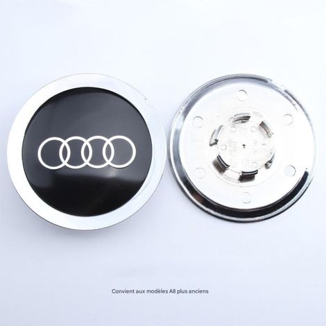Cache-moyeu de roue compatible Audi A6 C5, A4 B7, TT, A8 – Centre de jante, capuchon de moyeu pour jante voiture, accessoire roue auto en aluminium + ABS, kit 4 pièces – Noir bord argenté avec encoche (1/2)