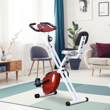 Vélo d’appartement avec résistance magnétique, écran LCD, réglable en hauteur, 8 niveaux, rouge + blanc