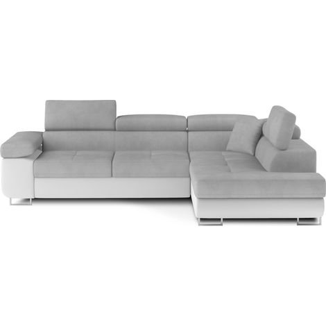 Sofá esquinero convertible MENTON gris y blanco de terciopelo - Ángulo derecho con baúl (1/5)