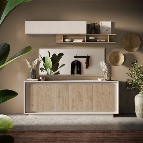 Buffet bas contemporain 4 portes beige et bois naturel YORI (1/5)