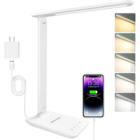 Lampada da scrivania a LED bianca VHV, pieghevole, con controllo touch, 5 livelli di luminosità e porta USB, ideale per la lettura diurna in ufficio, sul comodino e sul lavoro. (1/5)
