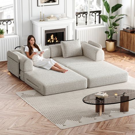 2-in-1 Chenille-Schlafsofa mit Armlehnen-Staufach, modular konfigurierbar, Stahlrahmen, Khaki HAVRYA (1/5)