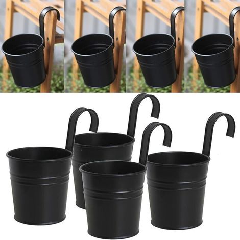 Ensemble de 4 jardinières suspendues en fer noir avec crochet amovible pour une utilisation intérieure et extérieure. (1/5)