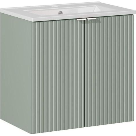Set da bagno ELVINA 60cm: mobile sottolavabo con armadietti verde salvia grigio + lavabo incassato bianco