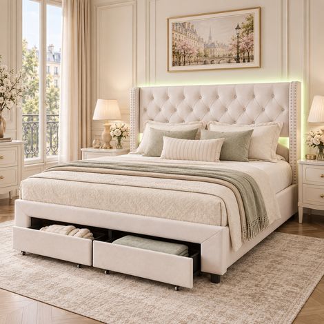 Lit adulte 180x200 cm avec sommier à lattes, lit double avec LED et chargement USB, lit 180x200 cm avec tiroirs, velours beige (1/5)