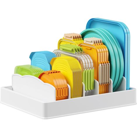 Range Couvercle 33 cm, Rangement Casserole Tiroir Cuisine, Organisateur de Boîte à Lunch avec 5 Séparateurs Réglables, Grand Plastique Séparateur de Vaisselle Placard, Blanc (1/5)