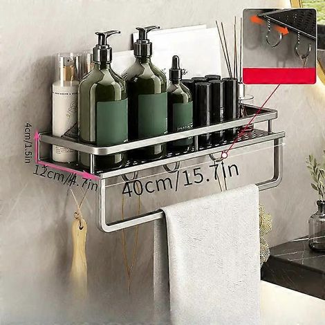 Étagère de rangement grise pour accessoires de salle de bain, étagère murale en aluminium pour accessoires de salle de bain, adaptée aux couloirs de salle de bain, barre de crochet grise de 40 cm. (1/5)