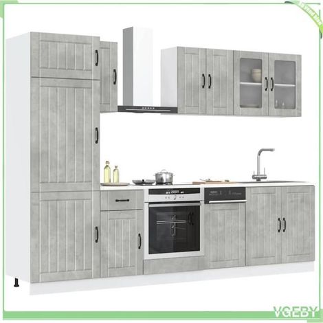 Ensemble de 8 meubles de cuisine - Lucca - Gris béton - Bois d'ingénierie - Pieds réglables (1/5)