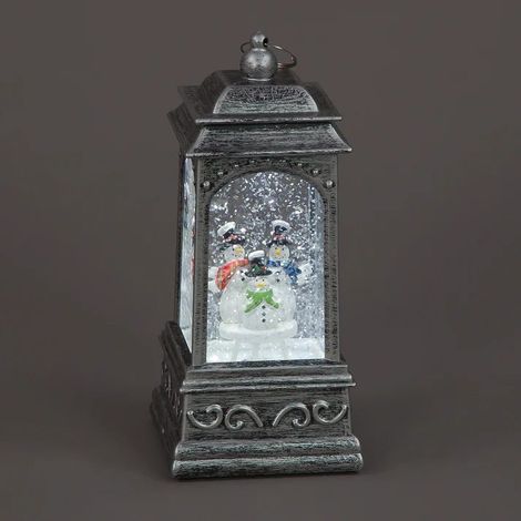 Water Filled Christmas Silver Light Up Water Lantern With Snowman Family - 20cm