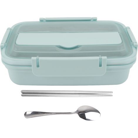 Boîte à lunch en plastique et acier inoxydable 304 à 3 compartiments avec cuillères et baguettes assorties. idéale pour le bureau. bleue. (1/4)