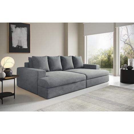Canapé droit 4 places CALDERO avec double méridienne - assise profonde - velours côtelé Gris Clair