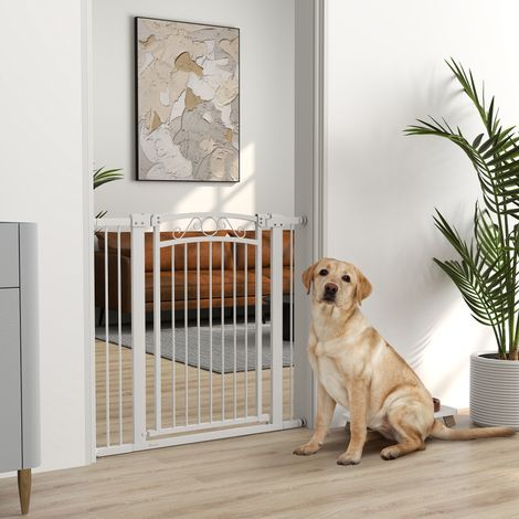 Porte chien largeur Blanc réglable barrière sécurité 2 rallonges double verrouillage 76-104 cm